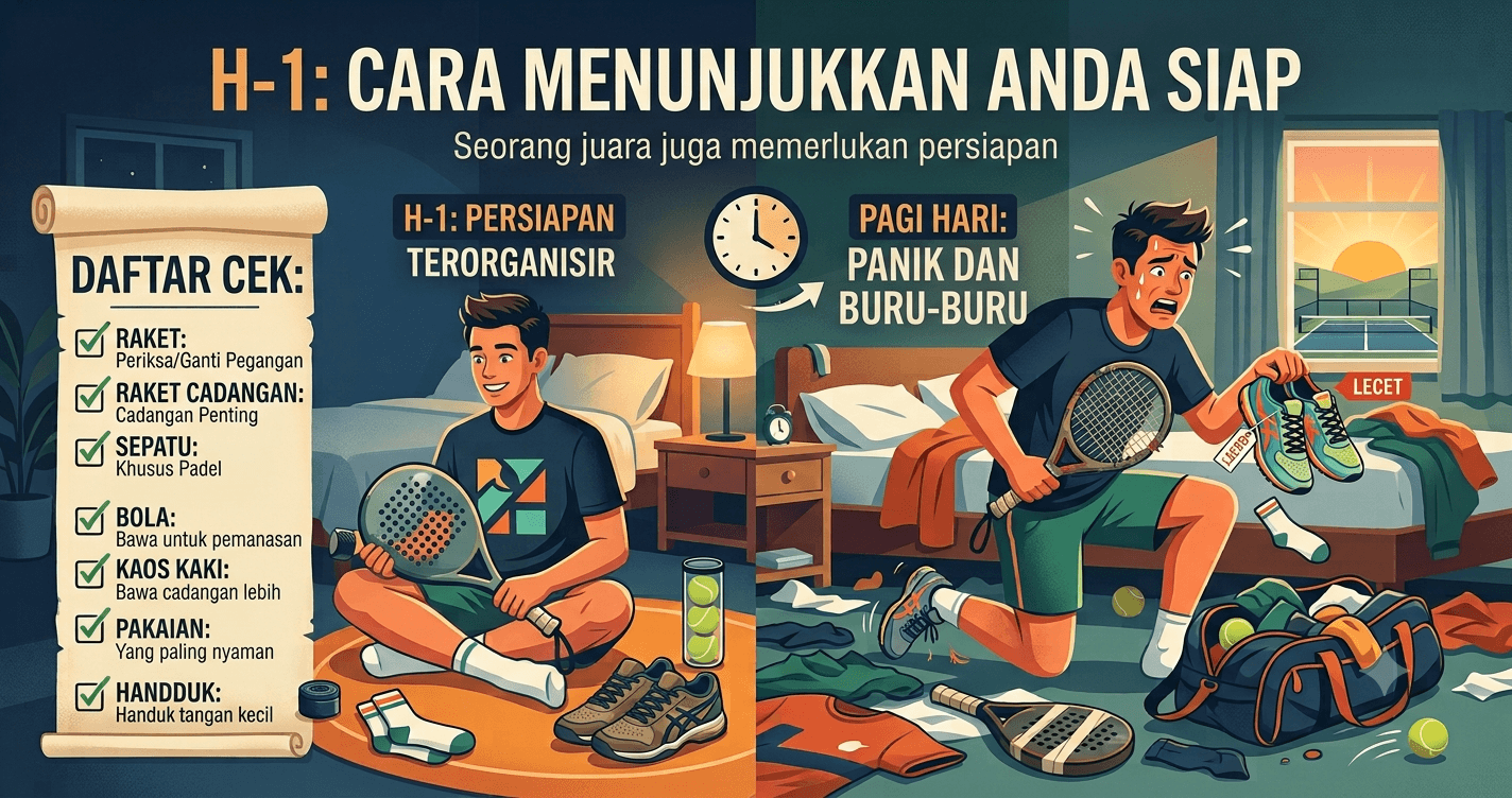 Checklist persiapan H-1 turnamen padel dibanding pagi hari yang berantakan