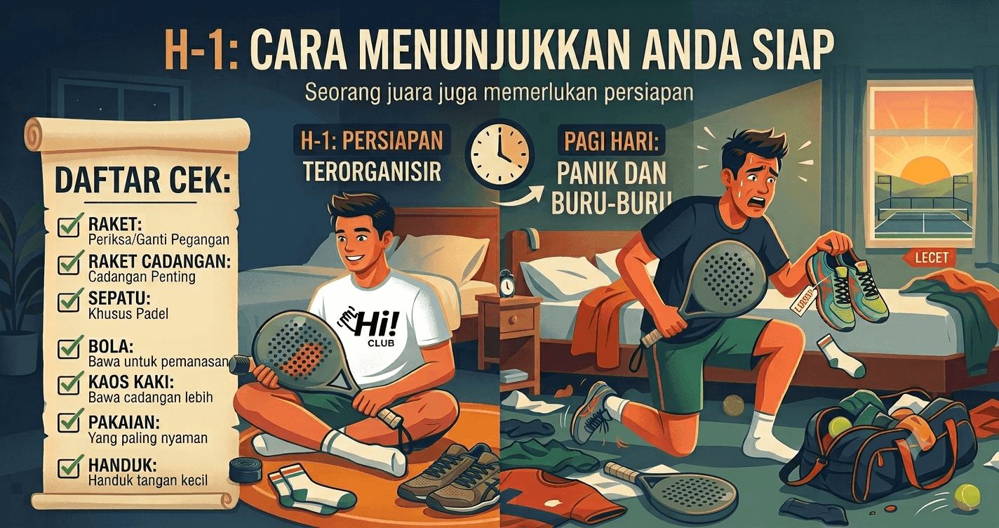 Checklist persiapan H-1 turnamen padel dibanding pagi hari yang berantakan